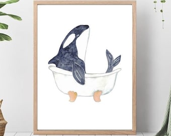 Killer whale taking bath watercolor painting print art bathroom room washroom Sea life nautical ocean wall poster decor modern orca