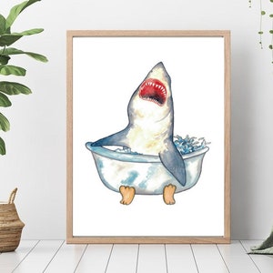 Shark taking bath watercolor painting print art bathroom room washroom shower tub bathtub Sea life nautical ocean wall poster decor modern