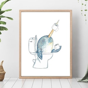 Narwhal in the bathroom painting watercolour ocean washroom Wall Art toilet bowl room watercolor potty Illustration Print Nursery nautical