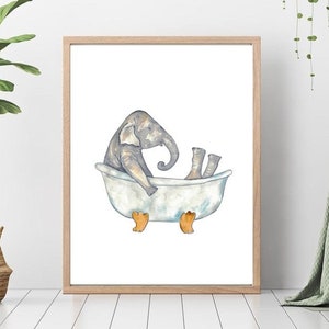 Elephant taking bath watercolor painting print art bathroom room washroom wall poster decor modern baby african safari wild animal bathtub