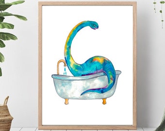 Brontosaurus prenant le dinosaure de bain peinture aquarelle dino salle de bains Wall Art salle aquarelle douche dinosaure Illustration Impression Pépinière