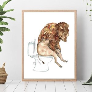 Büffel Toilette Malerei Wand Poster Aquarell Kunst Dekor Druck Haustier Zeichnung Badezimmer Gig lustiges Bad Badewanne Waschtisch Geschenk Bison