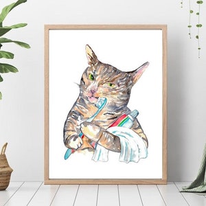 Katze putzen Zähne tabby Malerei Wand Poster Aquarell Kunst Dekor Druck Pet Zeichnung Bad Gig lustige Badewanne Wanne Waschraum Geschenk für Sie