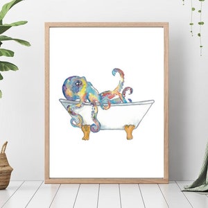 Octopus taking bath watercolor painting print art bathroom room washroom shower tub bathtub Sea life nautical ocean wall poster decor modern