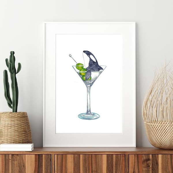 Orca whale in martini glass watercolor painting print art Sea life nautical ocean wall poster decor modern bar kitchen bottle drink killer