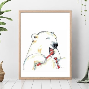 Eisbär Zähne Putzen Bad Aquarell Malerei Druck Kunst Badezimmer Zimmer Waschtisch Zahnbürste Meer Leben maritime Wand Poster Dekor modern