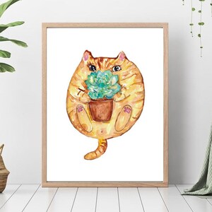 May include: A watercolor painting of a round orange cat holding a potted succulent plant. The cat is sitting on its bottom with its legs outstretched and its tail curled up behind it. The succulent is green and has a brown pot.