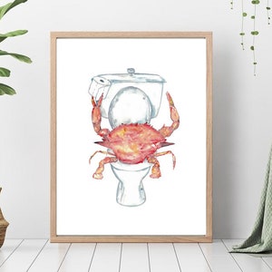 Crab in the bathroom painting watercolour ocean washroom Wall Art toilet bowl room watercolor potty Illustration Print Nursery nautical