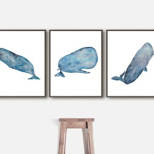 Set of 3 sperm whale cachalot watercolor painting print art whale fish animal illustration sea life nautical ocean wall poster decor modern