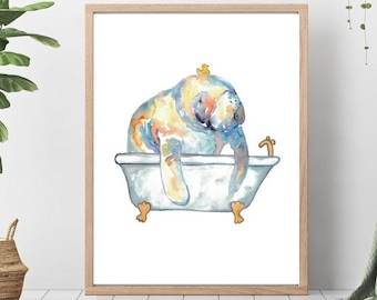 Manatee taking bath watercolor painting print art bathroom room washroom Sea life nautical ocean wall poster decor modern