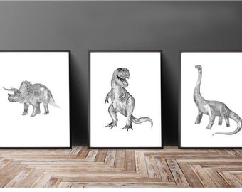 Set of 3 dinosaurs painting watercolour dino trex T-rex Wall Art watercolor Steam Punk Illustration Print Nursery Black and White