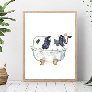 Cow taking bath watercolor painting print art bathroom room washroom wall poster decor modern cute baby face farm animal bathtub