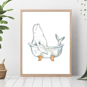 Beluga whale taking bath watercolor painting print art bathroom room washroom Sea life nautical ocean wall poster decor modern