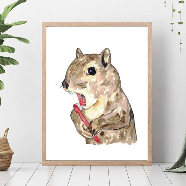 Squirrel brushing teeth bath watercolor painting print art bathroom room washroom tooth brush baby forest animal wild wall poster decor