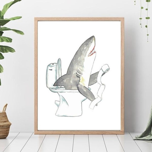 Shark in the bathroom painting watercolour ocean washroom Wall Art toilet bowl room watercolor potty Illustration Print Nursery nautical