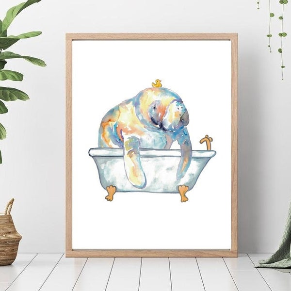 Zeekoeien nemen bad aquarel schilderij print kunst badkamer kamer wasruimte Zeeleven nautische oceaan muur poster decor moderne