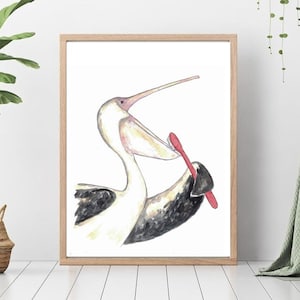 Pelikan Zähne Putzen Bad Aquarell Malerei Druck Kunst Badezimmer Zimmer Waschtisch Zahnbürste Meer Nautik Ozean Wand Poster Dekor modern