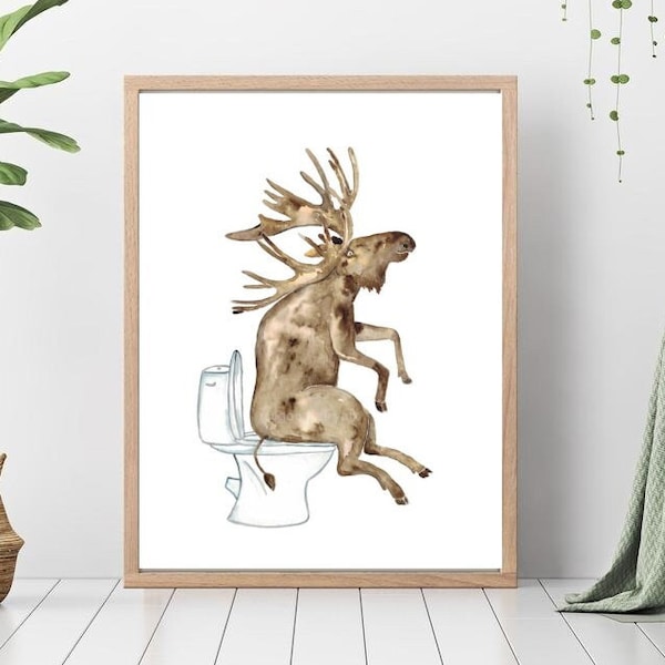 Moose toilet Painting Wall Poster Watercolor Art Decor Print Pet Drawing bathroom gig funny bath room tub bathtub washroom gift for her baby