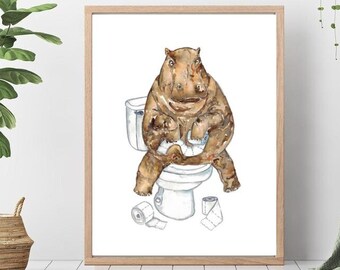 Hippo toilet Painting Wall Poster Watercolor Art Decor Print Pet Drawing bathroom gig funny bath room tub bathtub washroom gift hippopotamus