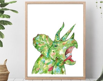 Triceratops brushing teeth dinosaur painting watercolour dino bathroom Wall Art room watercolor shower Print Nursery