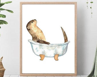 Otter nemen bad aquarel schilderij print kunst badkamer kamer wasruimte Zeeleven nautische oceaan muur poster decor moderne rivier