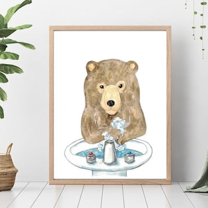 Oso lavarse las manos baño acuarela pintura imprimir arte baño cuarto baño cepillo de dientes bebé bosque animal salvaje pared póster decoración moderna