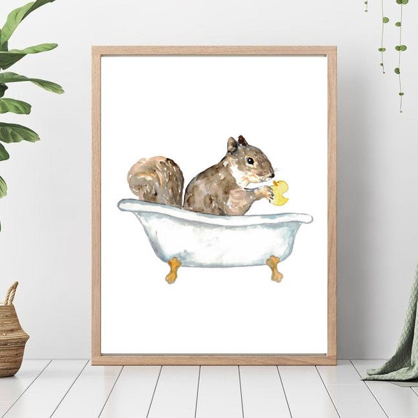 Squirrel taking bath watercolor painting print art bathroom room washroom wall poster decor  modern forest wildlife wild animal