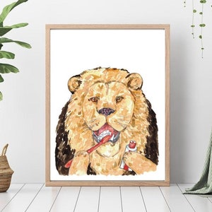 Löwe Zähne Putzen Bad Aquarell Malerei Druck Kunst Badezimmer Zimmer Waschtisch Zahnbürste Baby Zoo Safari Tier Wand Poster Dekor modern