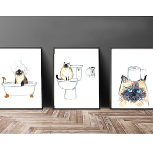 Ensemble de 3 toilettes pour chats siamois Peinture Affiche murale Aquarelle Art Décor Imprimer Pet Drawing salle de bain gig drôle baignoire baignoire salle de bain