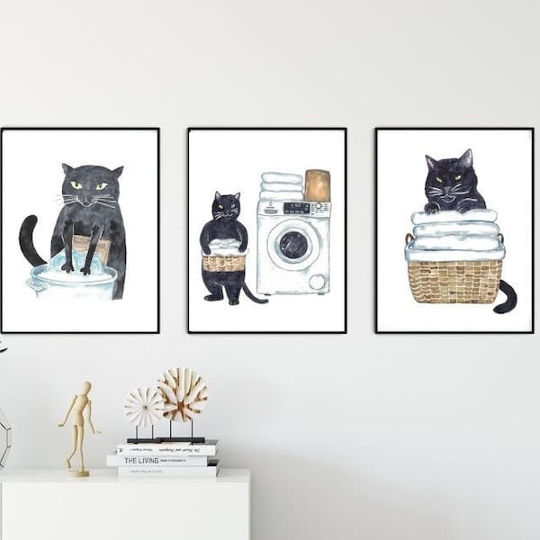 Set of 3 black cat laundry Painting Wall Poster Watercolor Art Decor Print Pet Drawing bathroom gig funny bath room tub bathtub washroom