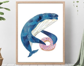 Humpback whale with dohnut watercolor painting print art Sea life nautical ocean wall poster decor modern donut kitchen sweets junk food