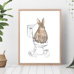 Rabbit toilet Painting Wall Poster Watercolor Art Decor Print Pet Drawing bathroom gig funny bath room tub bathtub washroom gift bunny baby