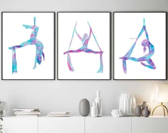 Set de 3 antena señora sedosa arte sedosa yoga impresión acuarela pintura aerialista regalo dibujo danza circo bailarina silthouette mujer gimnasia