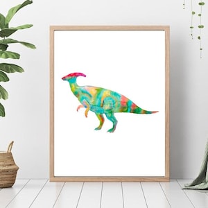Parasaurolophus dinosaur painting watercolour dino iridescent green Wall Art Rainbow watercolor Steam Punk Illustration Print Nursery