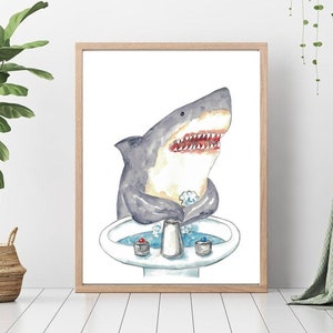May include: A watercolor illustration of a shark taking a bath in a white porcelain sink. The shark is gray with white markings and has a toothy grin. The sink has two red and blue knobs.