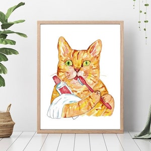 Orange Katze Zähne putzen Malerei Wand Poster Aquarell Kunst Dekor Druck Haustier Zeichnung Badezimmer Gig lustiges Bad Wanne Waschtisch Geschenk für sie