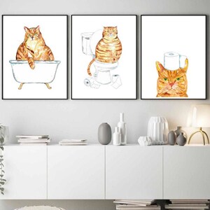 Set of 3 Orange Cat Toilet Painting Wall Poster Watercolor Art Decor ...