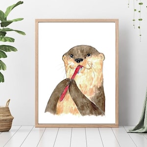 Otter Zähne Putzen Bad Aquarell Malerei Druck Kunst Badezimmer Zimmer Waschtisch Zahnbürste Meer Leben nautisch Wand Poster Dekor modern
