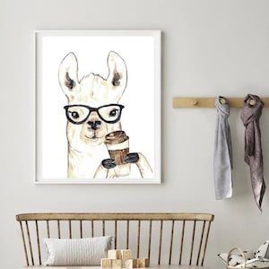 Lama Kaffee Aquarell Malerei Druck Kunst, Tier Illustration Tasse Becher Leben Kunst, Wand Poster Dekor modern Kinderzimmer Bauer Bauernhof Tier Alpaka