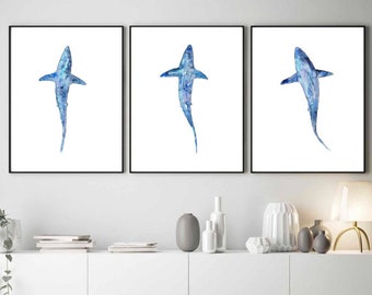 Set of 3 shark school watercolor painting print art kiler fish animal illustration sea life whale nautical ocean wall poster decor modern