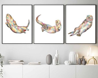 Set van 3 otter aquarel schilderij afdrukken kunst walvis vissen dier illustratie zee meer rivier leven nautische oceaan muur poster decor modern