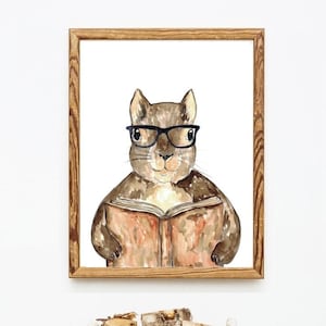 Squirrel reading book watercolor painting print art wall poster decor modern reader library stalk graduation gig bear smart student animal