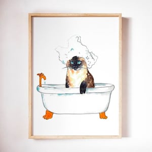 SPA Katze SiamEse Tabby Malerei Wand Poster Aquarell Kunst Dekor Druck Haustier Zeichnung Badezimmer Gig lustige Badewanne Badewanne Waschtisch Geschenk