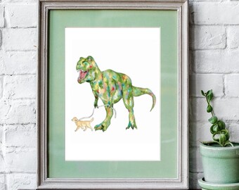 T-rex dinosaur walking dog painting watercolour dino trex Wall Art Rainbow watercolor Steam Punk Illustration Print Nursery Colorful