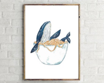 Humpback whale spaghetti watercolor painting print art Sea life nautical ocean wall poster decor modern kitchen junk food doodles bowl