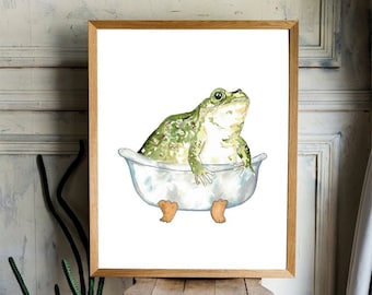 Grenouille prenant bain aquarelle peinture imprimer art salle de bain salle de bain salle de bain affiche murale décor forêt moderne faune sauvage reptile crapaud