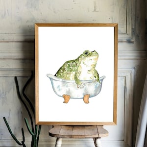 Frog taking bath watercolor painting print art bathroom room washroom wall poster decor modern forest wildlife wild animal reptile toad