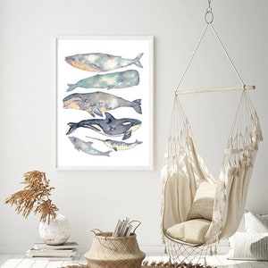 Set von 6 Wal Aquarell Druck Kunst, Tier, Illustration, Meer Kunst, Meer Leben Kunst, nautische, Orca Ozean Kunst Wand-Plakat-Dekor modern