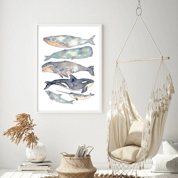 Conjunto de 6 baleias pintura em aquarela arte de impressão, animal, ilustração, arte do mar, arte da vida marinha, náutico, orca ocean art parede poster decoração moderna