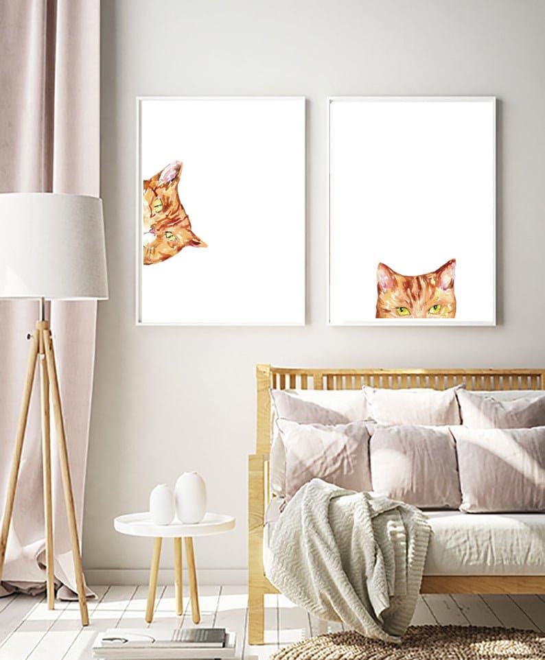Set of 2 Orange Cat Peeking Painting Wall Poster Watercolor Art ...